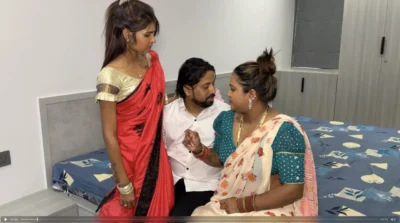 Stepmother makes her stepdaughter have sex with her boyfriend Threesome Hard Fucking With Hindi Audio